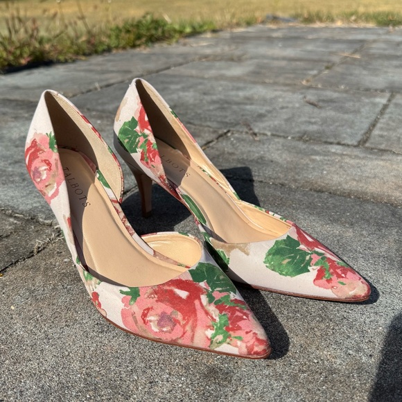 Talbots leather sole wood heel vintage heels rose floral print size 7.5 nwot - Picture 1 of 9